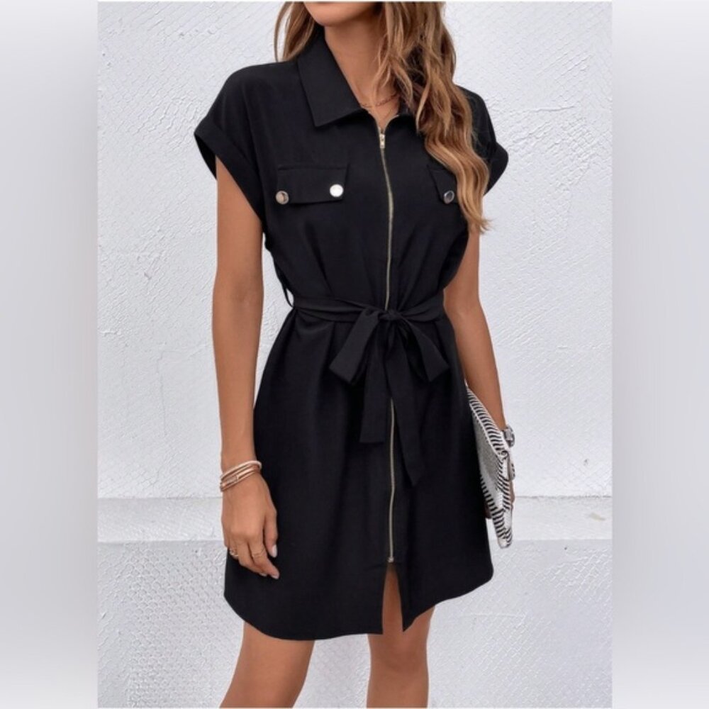 Zip Up Short Sleeve Mini Dress Black
